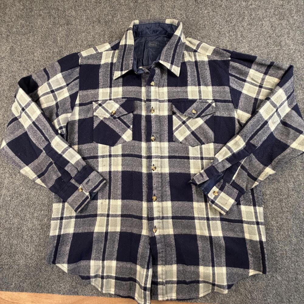 Sears Mens XL 17.5 Black White Plaid Acrylic Flannel Style Button Up Shirt 1498